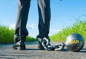Man with ball and chain labeled DUI, representing license suspension and legal trouble