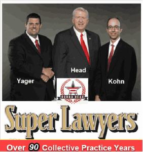 Portrait of Atlanta DUI defense attorneys Cory Yager, William Head, and Larry Kohn with text highlighting 90 collective years of legal experience and Super Lawyers recognition