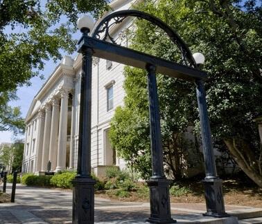 University of Georgia Athens Campus, showing the famous Arch on North Campus. Adjacent to this location is Broad Street and College Square, where many restaurants are located.