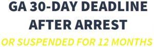 Text reading: GA 30-day deadline after arrest or suspended for 12 months, emphasizing the urgency to file your DDS 1205 to appeal your license suspension after refusing a breath test
