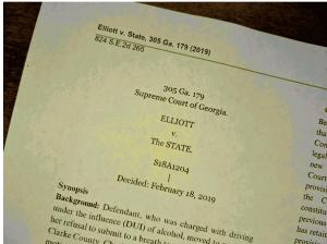 Court ruling document from Elliot v. The State of Georgia, impacting DUI Breath Test Refusals