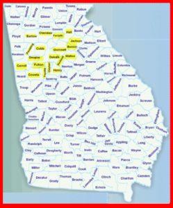 Map of Georgia highlighting select counties