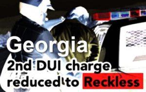 A police officer inside of a cop car with the text overlay "Georgia 2nd DUI charge reduced to Reckless", emphasizing the possibility of getting your DUI reduced to reckless driving, which is a more likely outcome than full dismissal 