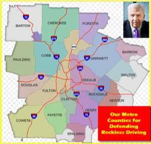 Map of Metro Atlanta counties where our lawyers defend reckless driving cases in Georgia
