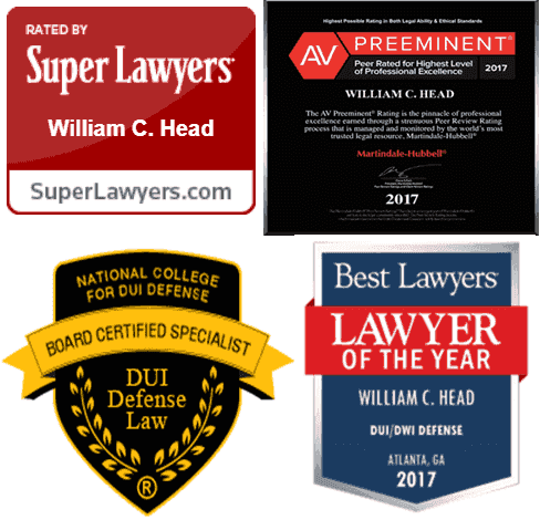Award badges for William C. Head including Super Lawyers, Best Lawyers, AV Preeminent, and DUI Board Certification